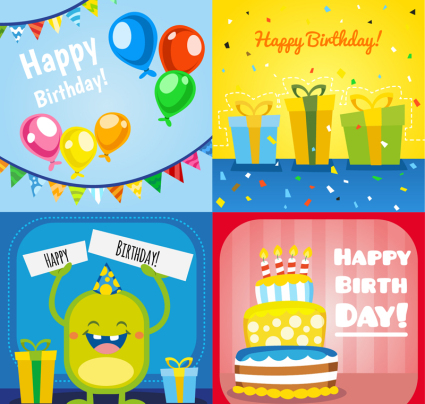 4 cartoon birthday square card vector material