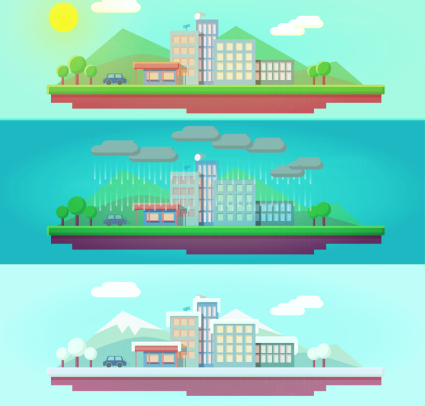 City banner vector material 3 kinds of weather conditions
