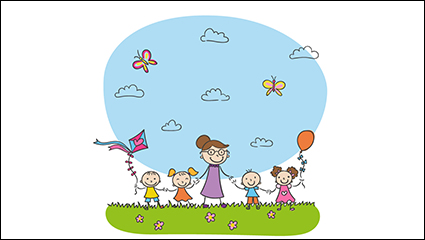 Children playing on the outskirts of vector material