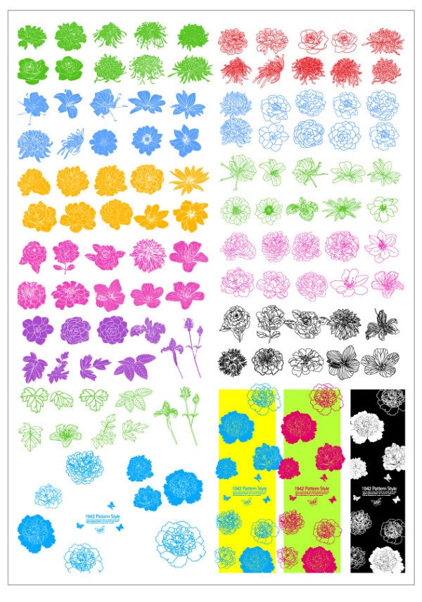 Ink patterns, flowers, vector 