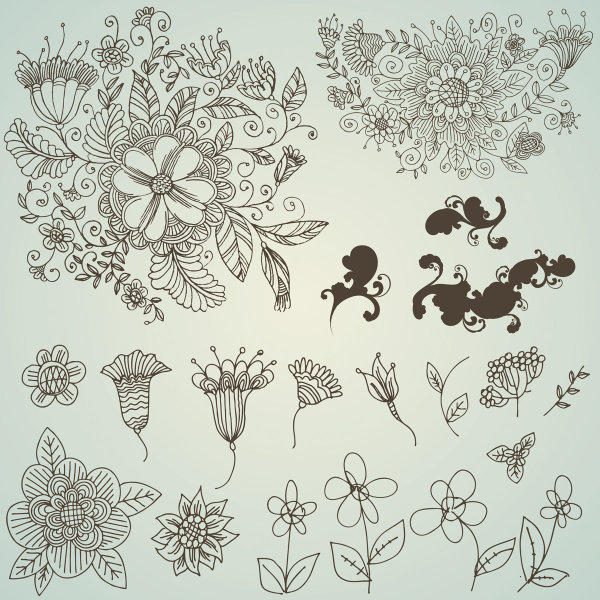 Line-drawing flower pattern vectors of material
