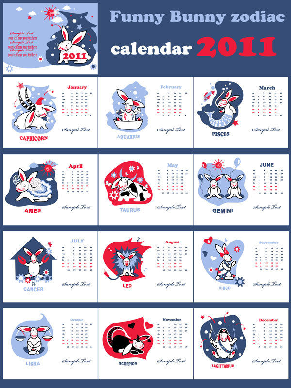 Cute Year of the Rabbit 2011 calendar vector material