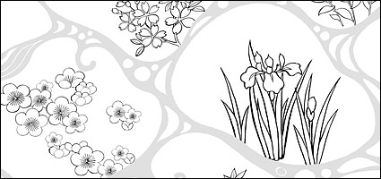 Vector line drawing of flowers-47(Flowing water, flowers, leaves)